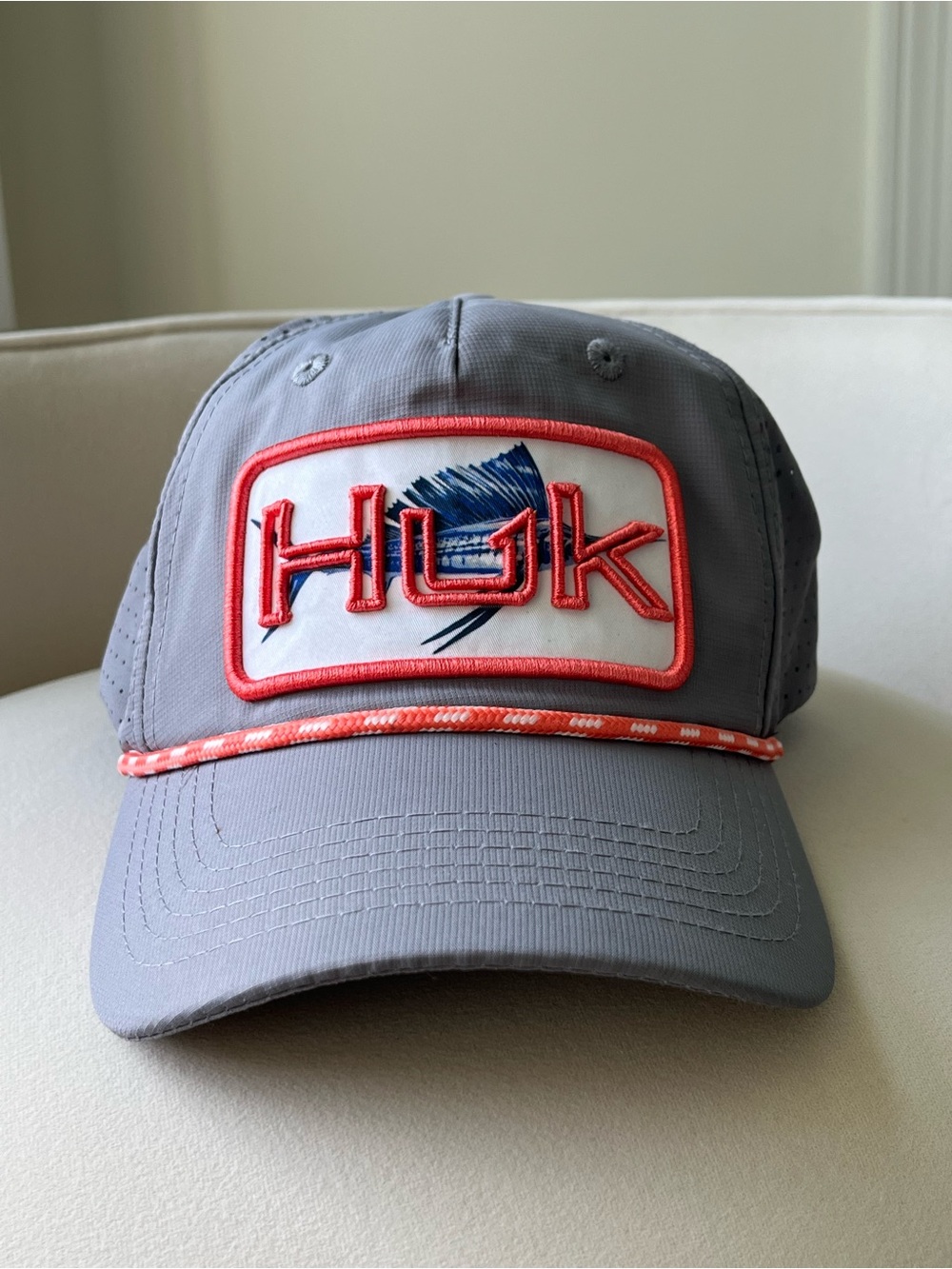 HUK Performance Fishing Rope Hat Gray Coral Marlin Patch Adjustable Cap